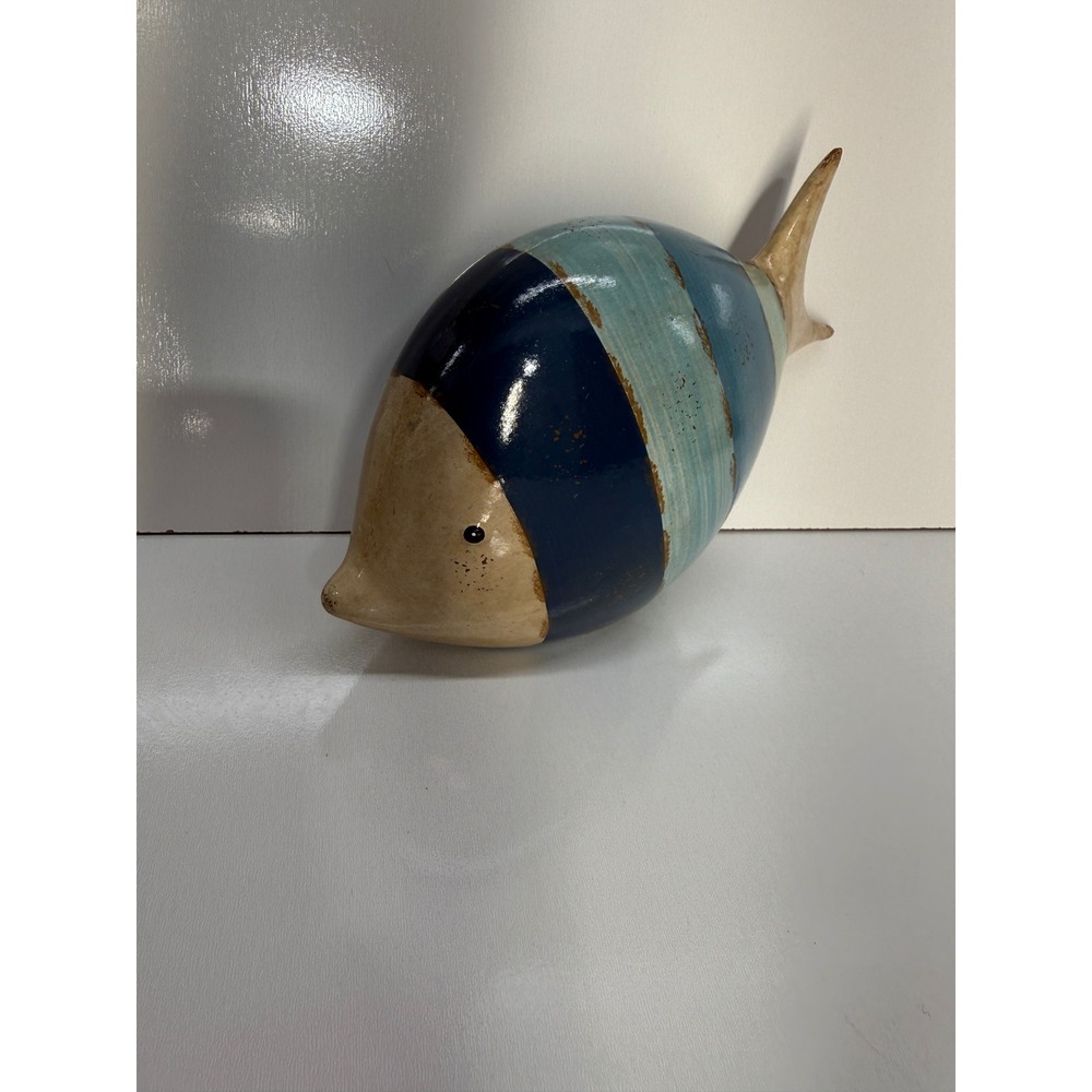 Striped Ceramic Fish Figurine Nautical Coastal Decor Blue Teal Glazed Sculpture